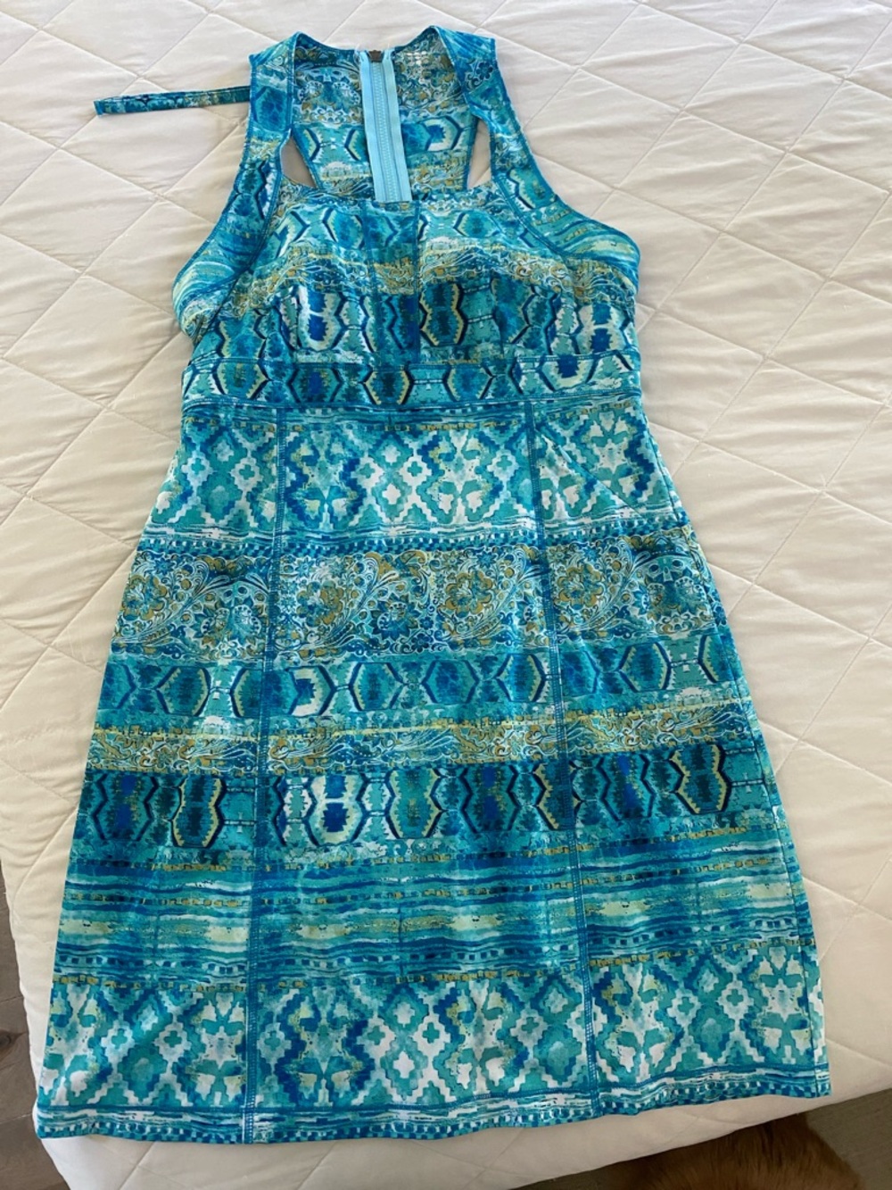 Title Nine Blue & Aqua Patterned back zip sundress